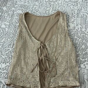 SHEIN Gold Sequin Tie-Front Blouse